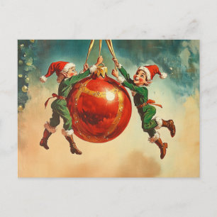 Carte Postale Lutins de Noël vintage avec un énorme ornement