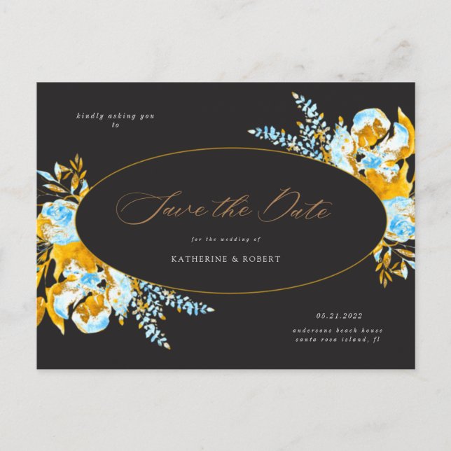 Carte Postale luxueux or turquoise floral enregistrer la date (Devant)