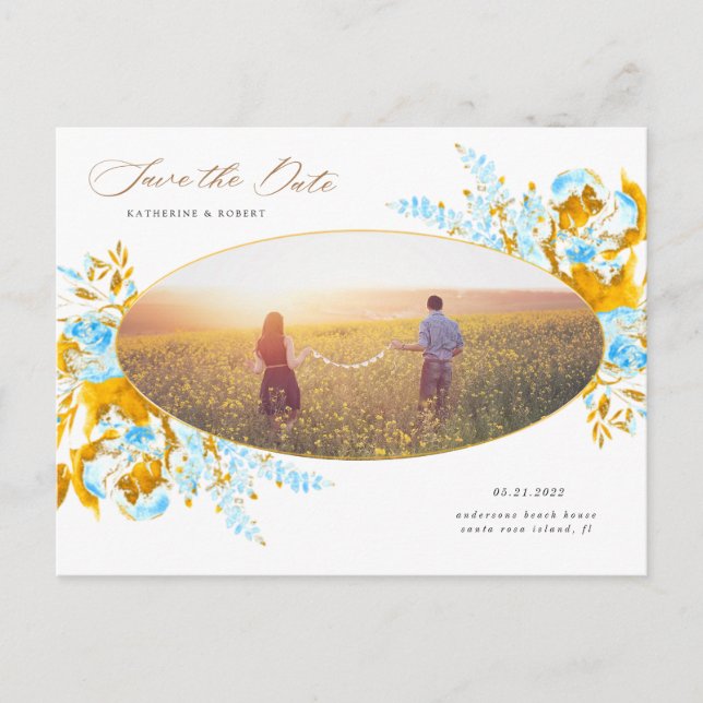 Carte Postale luxueux or turquoise floral enregistrer la date po (Devant)