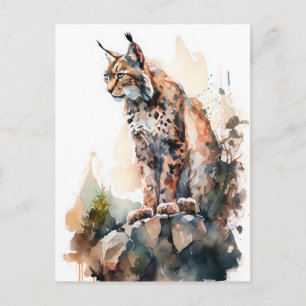 Carte Postale Lynx à l'aquarelle assis sur des rochers