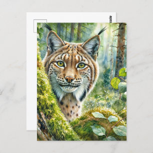 Carte Postale Lynx dans l'aquarelle de la forêt verte luxuriante