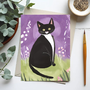 Carte Postale M. Chonk Chat Tuxedo Aquarelle Violette