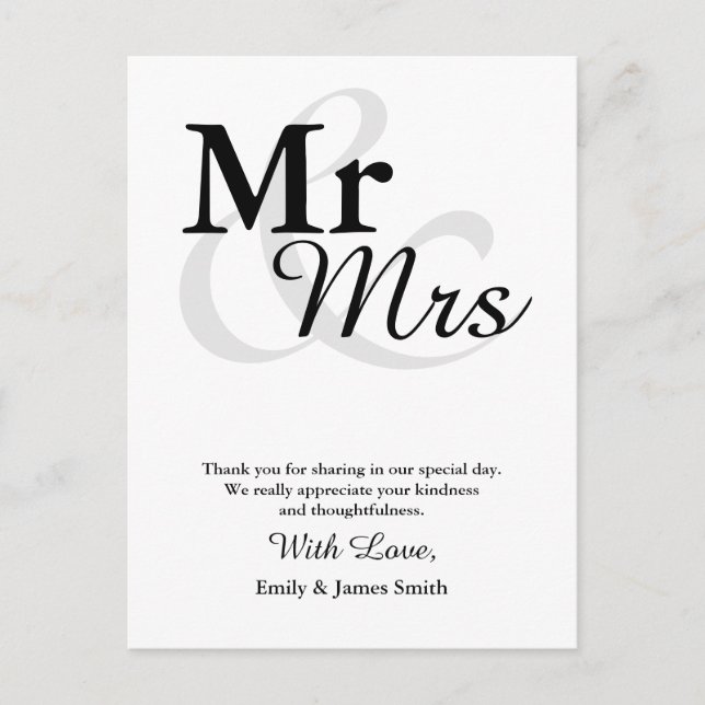 Carte Postale M&Mme Simple Elegant Typographie Mariage Merci (Devant)