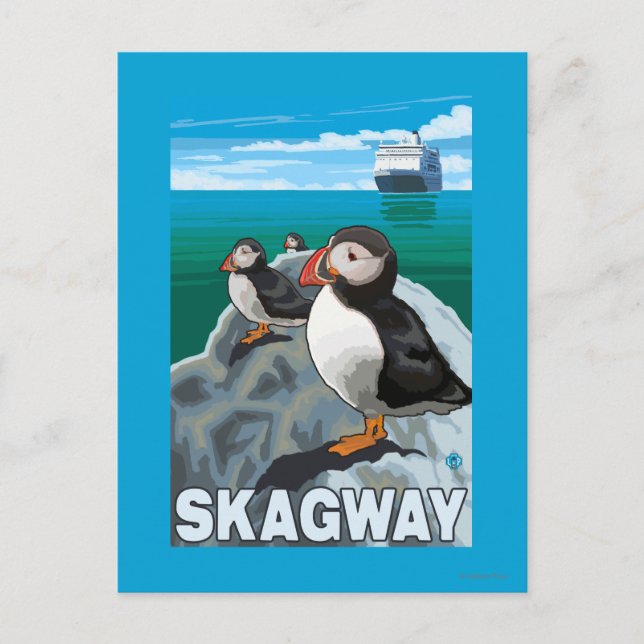 Carte Postale Macareux & Bateau de croisière - Skagway, Alaska (Devant)