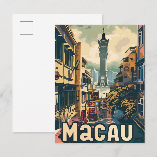 Carte Postale Macau Chine Vintage Retro Illustration Voyage (Devant / Derrière)