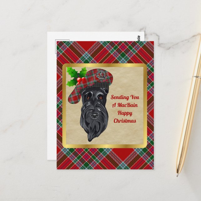 Carte postale MacBain Clan Badge & Tartan Christma (Devant/Arrière en situation)