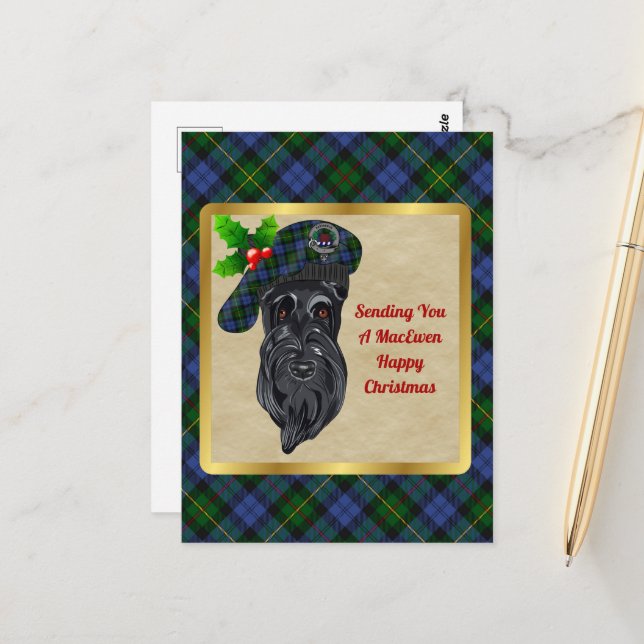 Carte postale MacEwen Clan Badge & Tartan Christma (Devant/Arrière en situation)