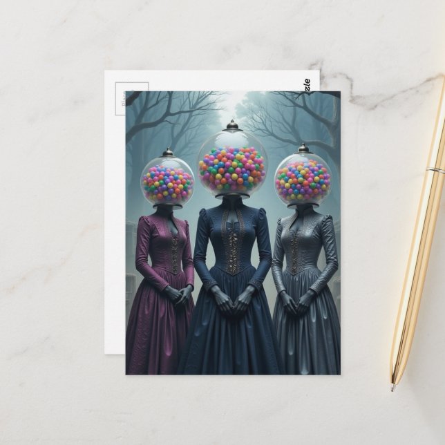 Carte Postale Machine à Bubble Gum Vintage pour Dames (Devant/Arrière en situation)