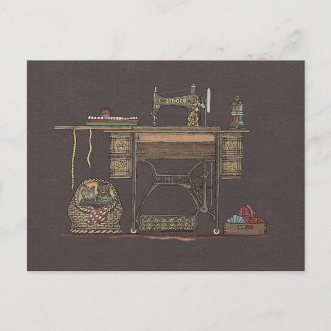 Carte Postale Machine à coudre et chatons (Devant)
