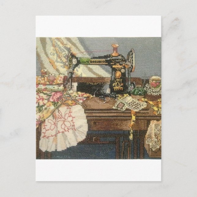 Carte Postale Machine à coudre et robe (Devant)