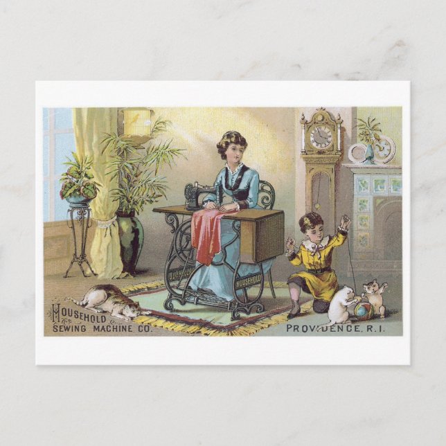 Carte Postale Machine à coudre ménagère garçon avec chats (Devant)