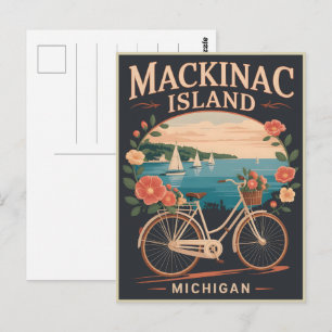 Carte Postale Mackinac Island Michigan vintage avec vélo Fleurs