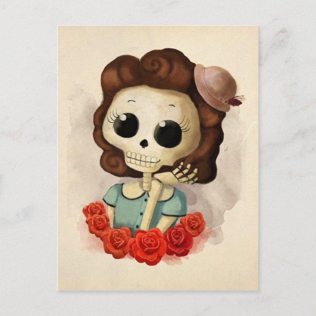 Carte Postale Mademoiselle Death et Roses (Devant)