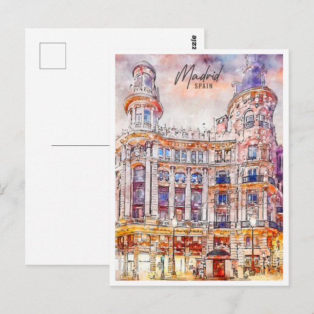 Carte Postale Madrid Espagne Travel Place Watercolor (Devant / Derrière)