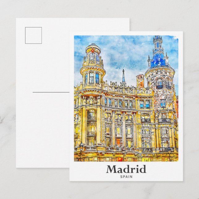 Carte Postale Madrid Espagne Voyage Aquarelle main tiré (Devant / Derrière)