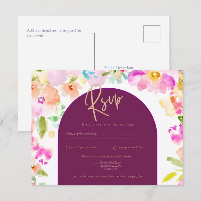 Carte Postale Magenta Floral Mariage (Devant / Derrière)