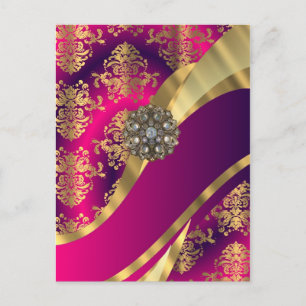 Carte Postale Magenta rose chaud et damas or