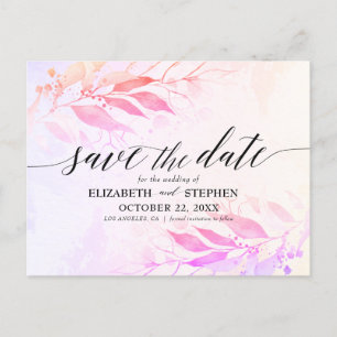Carte Postale Magenta Watercolor Feuilles Mariage Enregistrer La