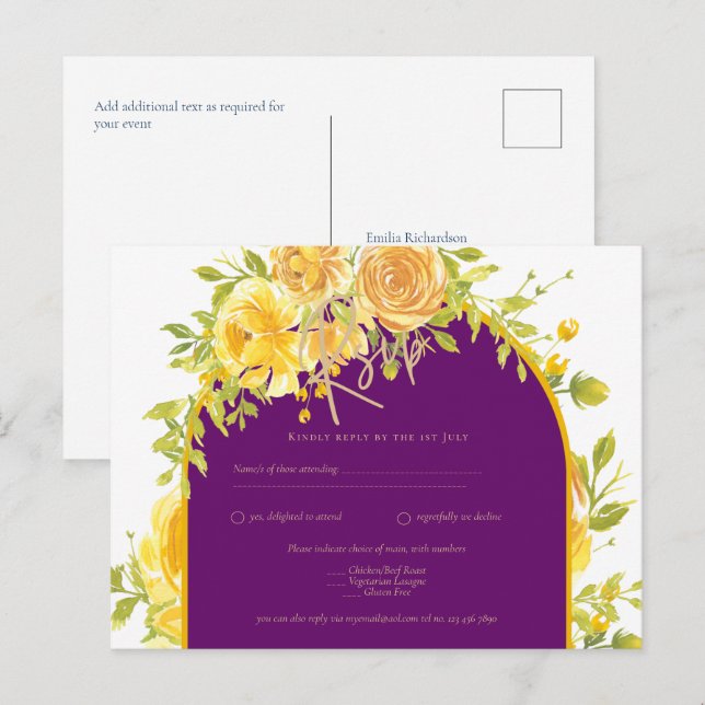 Carte Postale Magenta Yellow Roses Plum Purple Gold Mariage (Devant / Derrière)