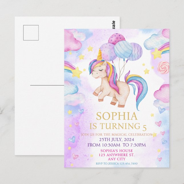 Carte Postale Magic Pastel Unicorn Rainbow Birthday Party (Devant / Derrière)
