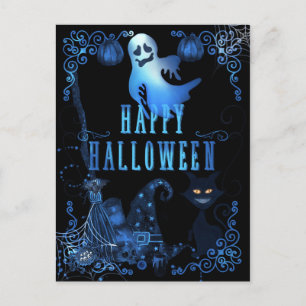 Carte Postale Magique Joyeux Halloween Chat Noir Lumières Bleues