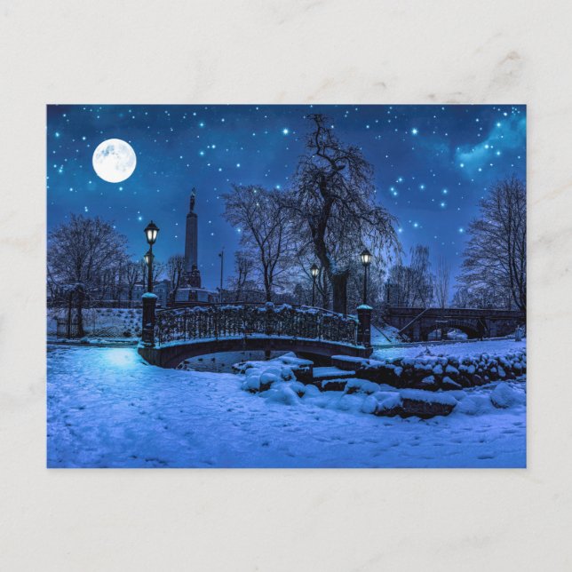 Carte Postale Magique nuit d'hiver avec ciel étoilé et pleine lu (Devant)