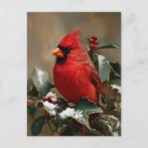 Carte Postale Magnifique Cardinal Rouge sur Houx enneigé