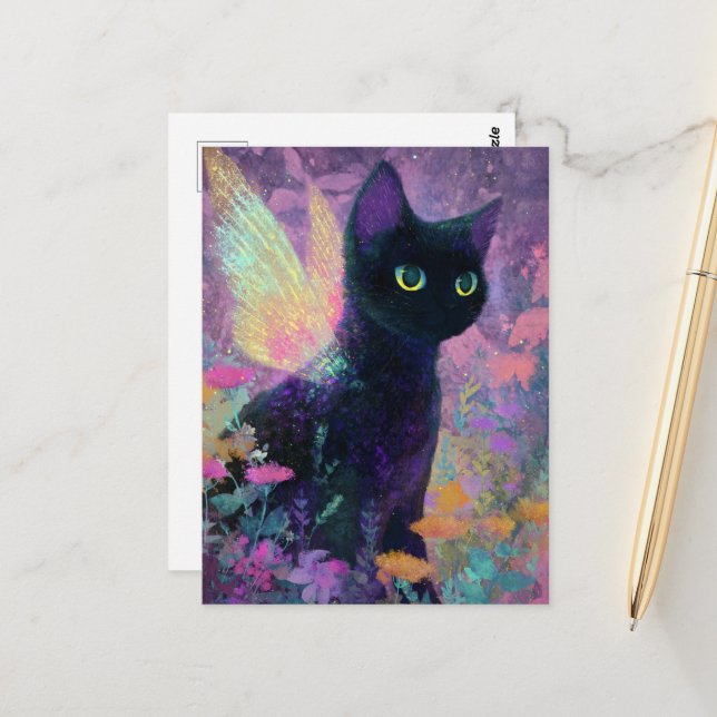 Carte Postale Magnifique chat noir avec des ailes de fée (Devant/Arrière en situation)