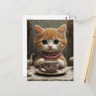 Carte Postale Magnifique chatte en perles roses au thé