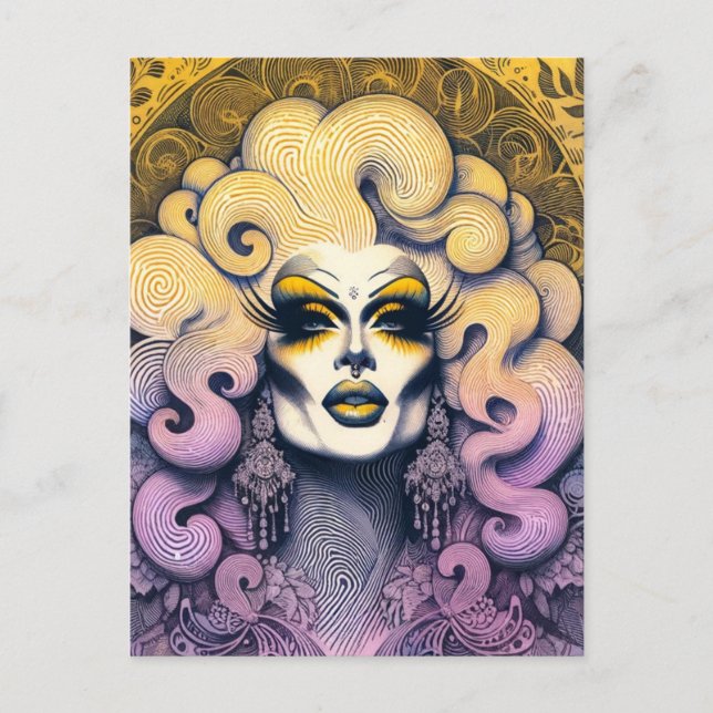 Carte Postale Magnifique Drag Queen Jaune violet (Devant)