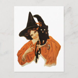 Carte Postale Magnifique sorcière vintage avec chat noir sur l'é