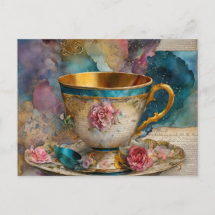 Carte Postale Magnifique Teacup Média Mixte Peinture Collage