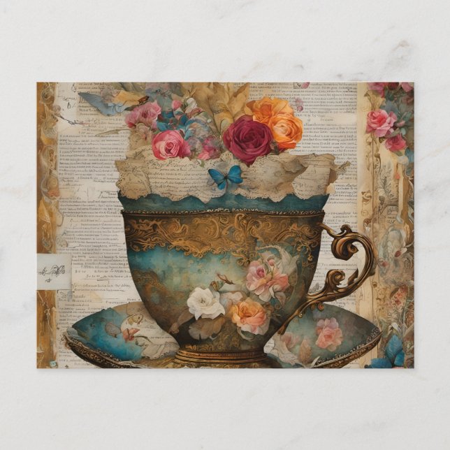Carte Postale Magnifique Teacup Média Mixte Peinture Collage (Devant)