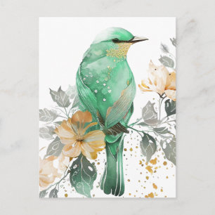 Carte Postale Magnifiques oiseaux et fleurs en menthe et or