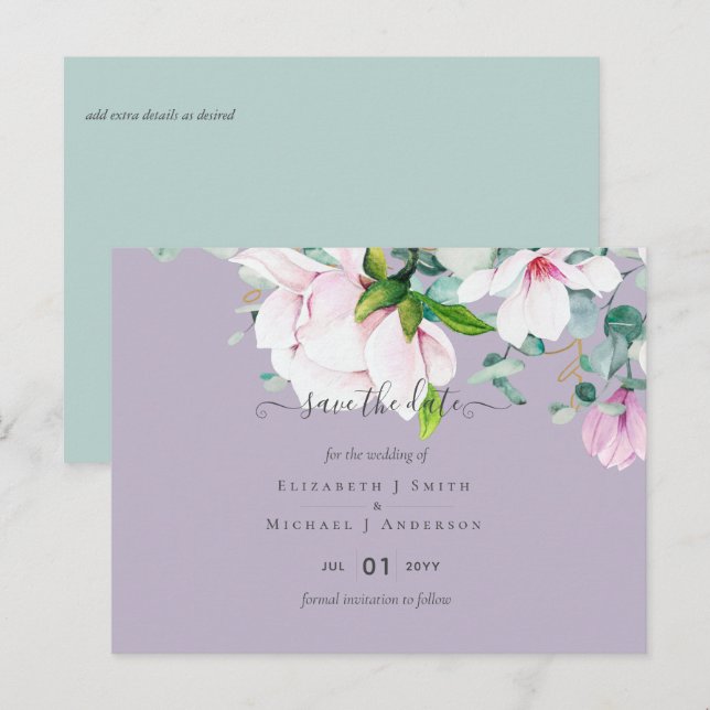 Carte Postale Magnolias Rose Lilac Eucalyptus Mariage Dates de s (Devant / Derrière)