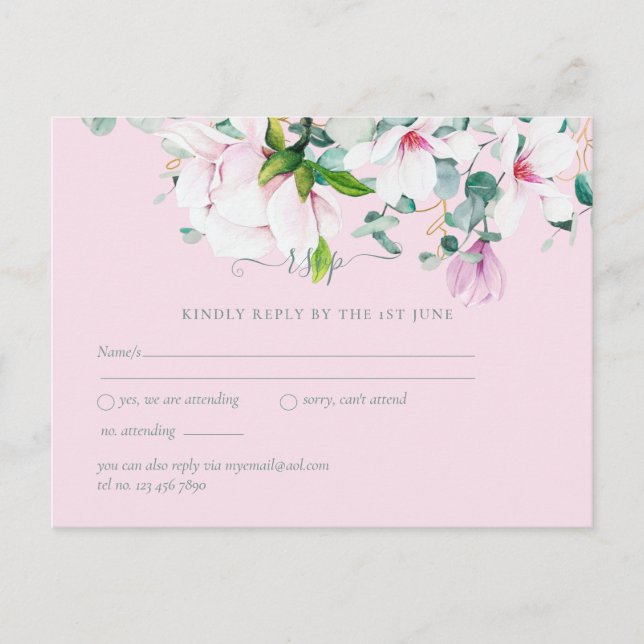 Carte Postale Magnolias roses Sauge Eucalyptus Mariage rsvp  Car (Devant)