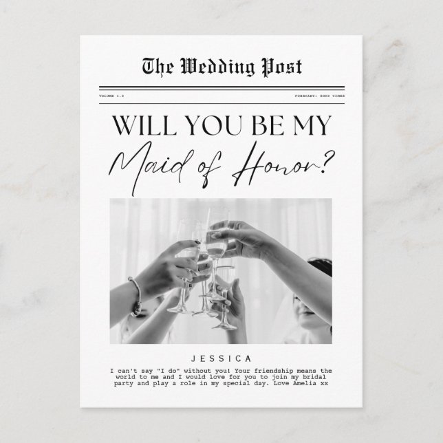 Carte Postale Maid of Honor Proposition, USA Customizable Newspa (Devant)