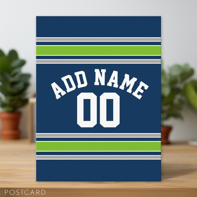 Carte Postale Maillot de sport bleu et vert avec nom et numéro p (Custom Postcard)