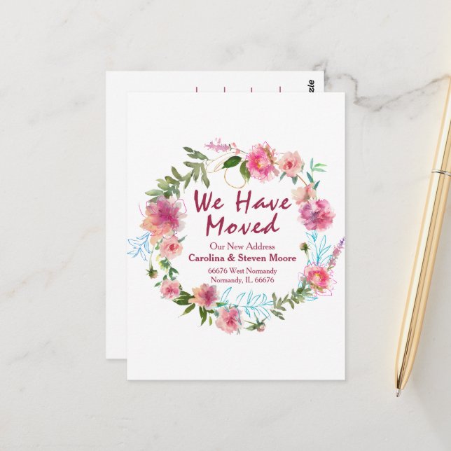Carte Postale Main florale a écrit "Nous avons bougé" (Devant/Arrière en situation)