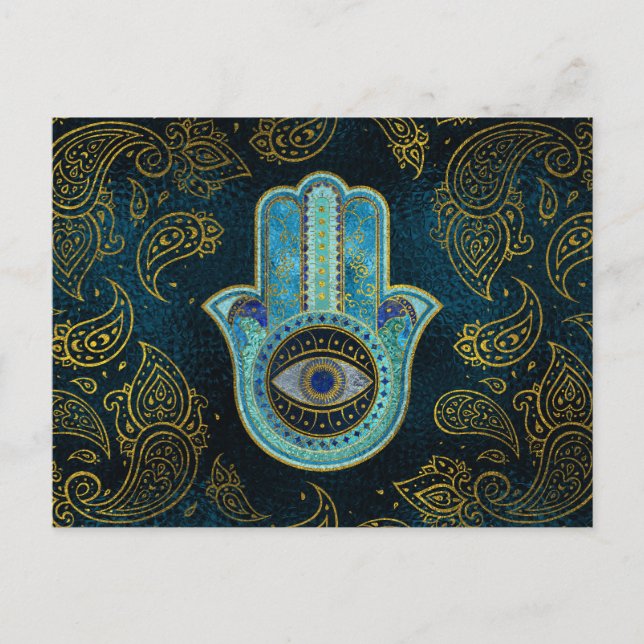 Carte Postale Main Hamsa décorative avec arrière - plan cachemir (Devant)