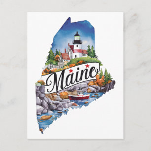 Carte Postale Maine États-Unis État Forme Vintage Aquarelle