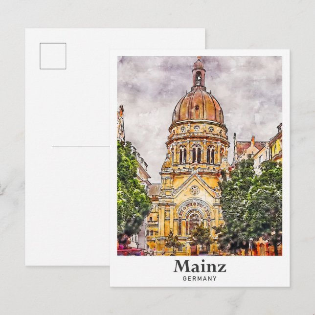 Carte Postale Mainz Allemagne Voyage Aquarelle Esquisse main tir (Devant / Derrière)