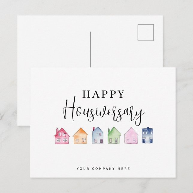 Carte Postale Maison colorée Happy Housiversary Immobilier (Devant / Derrière)