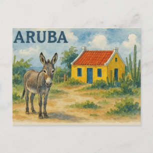 Carte Postale Maison cunucu jaune d'Aruba avec âne aquarelle