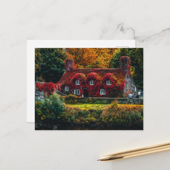 Carte Postale Maison de campagne avec vignes rouges Couvrant la  (Devant/Arrière en situation)