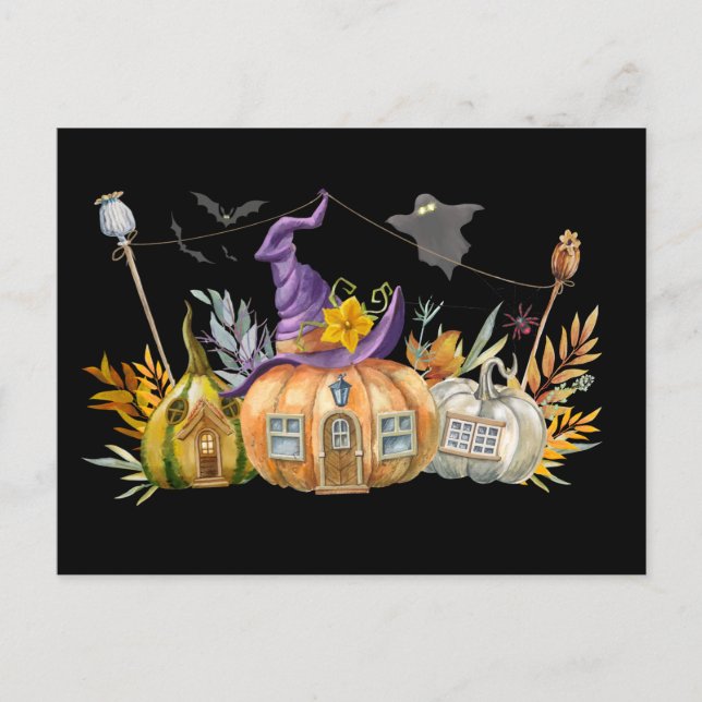 Carte Postale Maison de citrouille hantée avec fantôme et chauve (Devant)