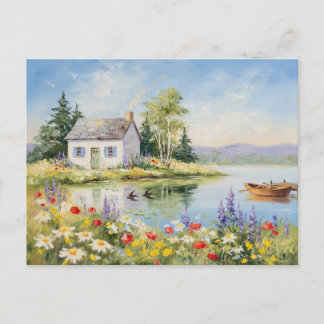 Carte Postale Maison de jardin lac paysage village