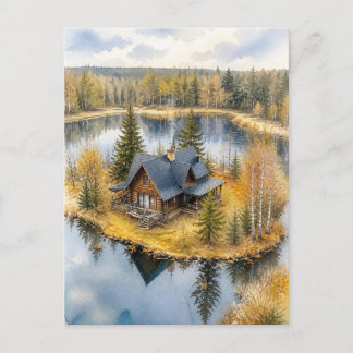 Carte Postale Maison de lac aquarelle dans un paysage forestier 