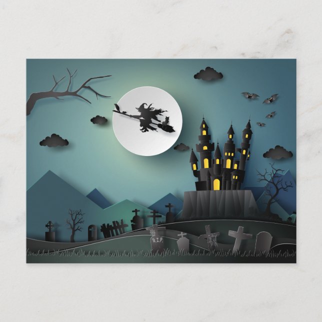 Carte Postale Maison d'Halloween de Papercut, Sorcière, Scène de (Devant)