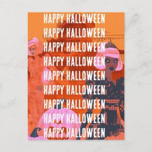 Carte Postale Maison d'Halloween ensorcelée orange rose